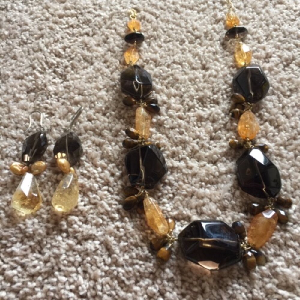 Deb Guyot Citrine, Smoky Quartz, Tigers Eye Necklace Set